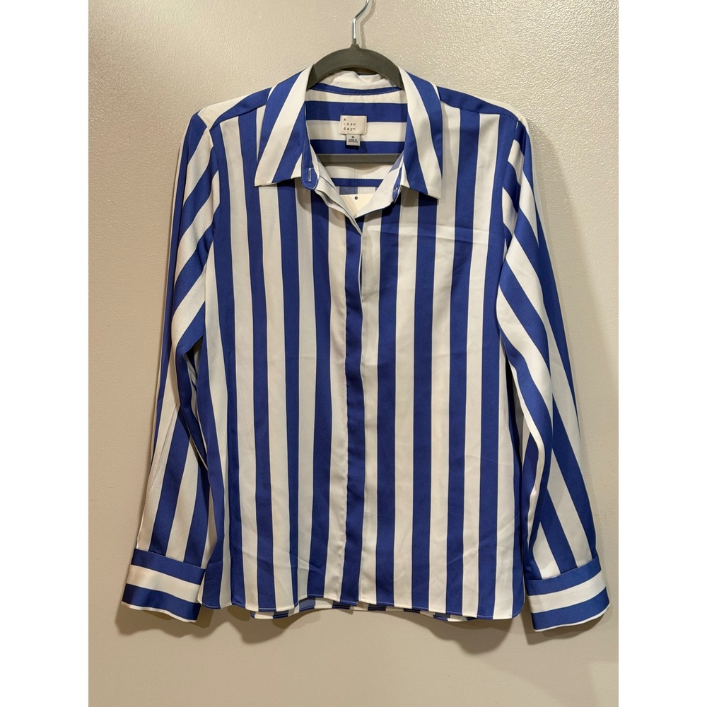 A New Day Blue White Striped Satin Feel Button Down Shirt Nautical Size M NEW